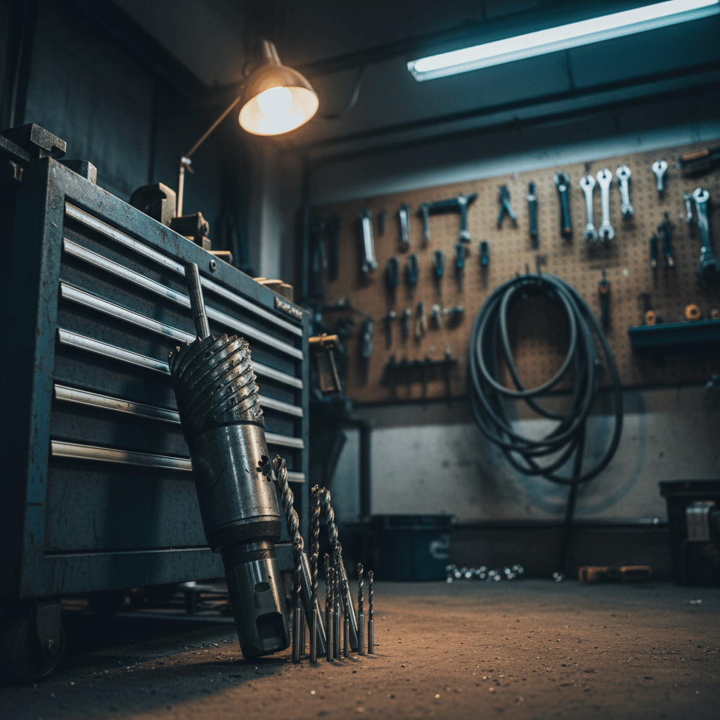 Hole saw and drill bits next to a tool chest