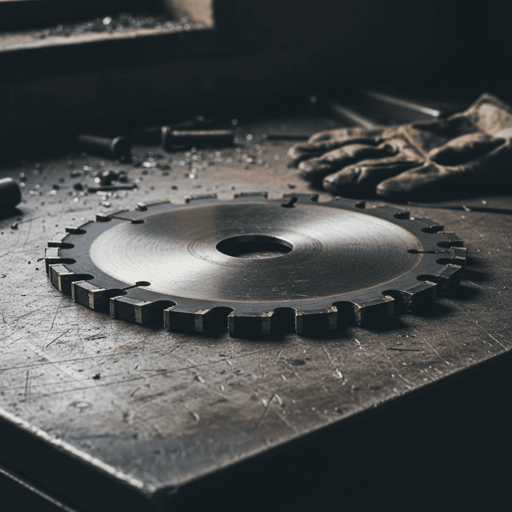Close-up of a carbide saw blade on a steel workbench