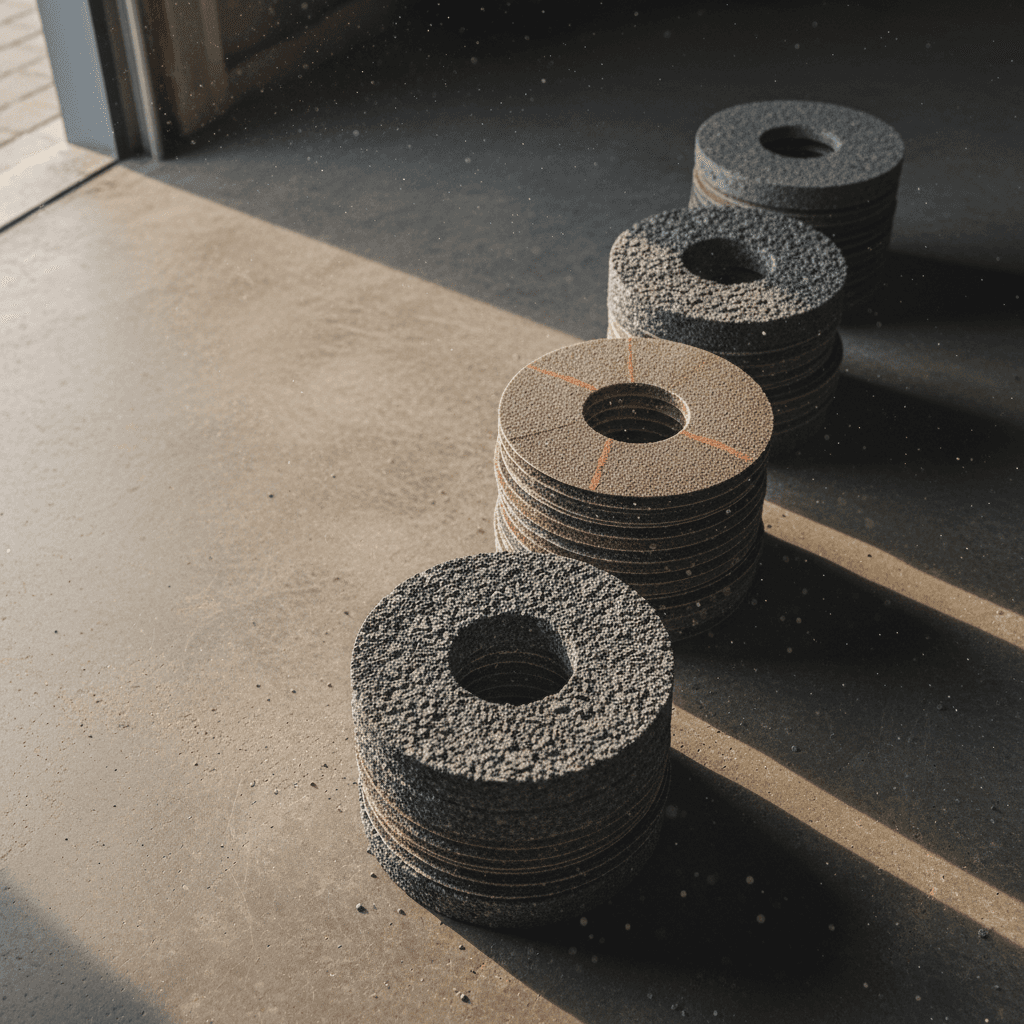 Stacked grinding wheels and sanding discs on concrete