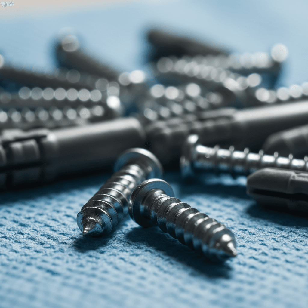 Extreme close-up of screws and anchors on a shop towel