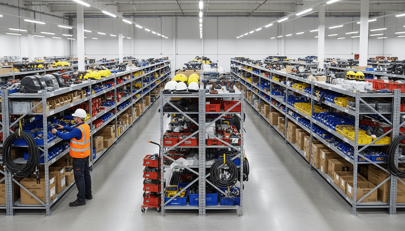 Contractor selecting equipment from organized warehouse shelving