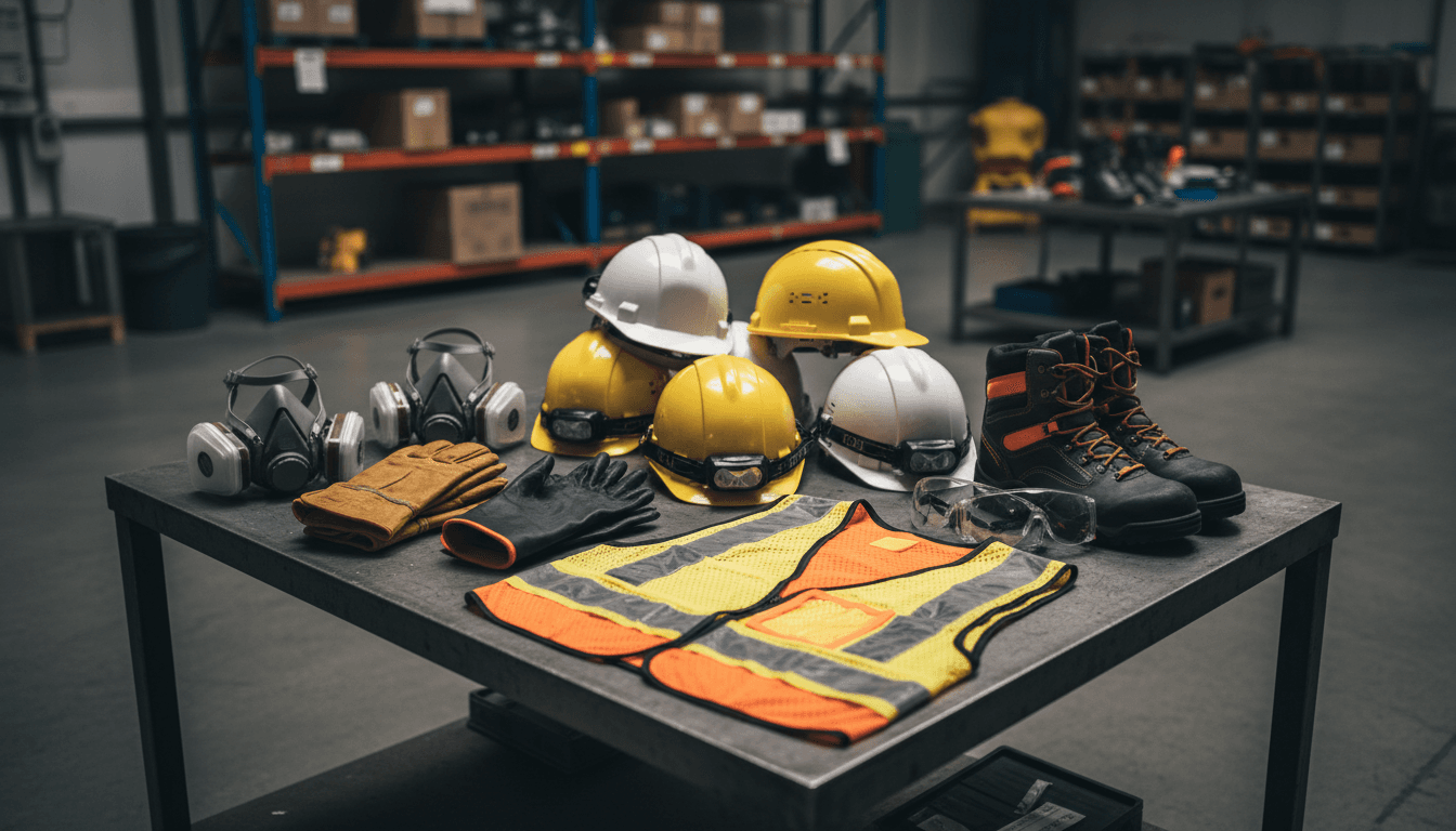 Organized safety gear and protective equipment in warehouse storage