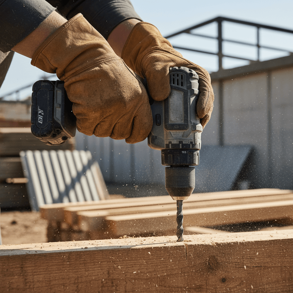 Contractor holding industrial power drill in workshop